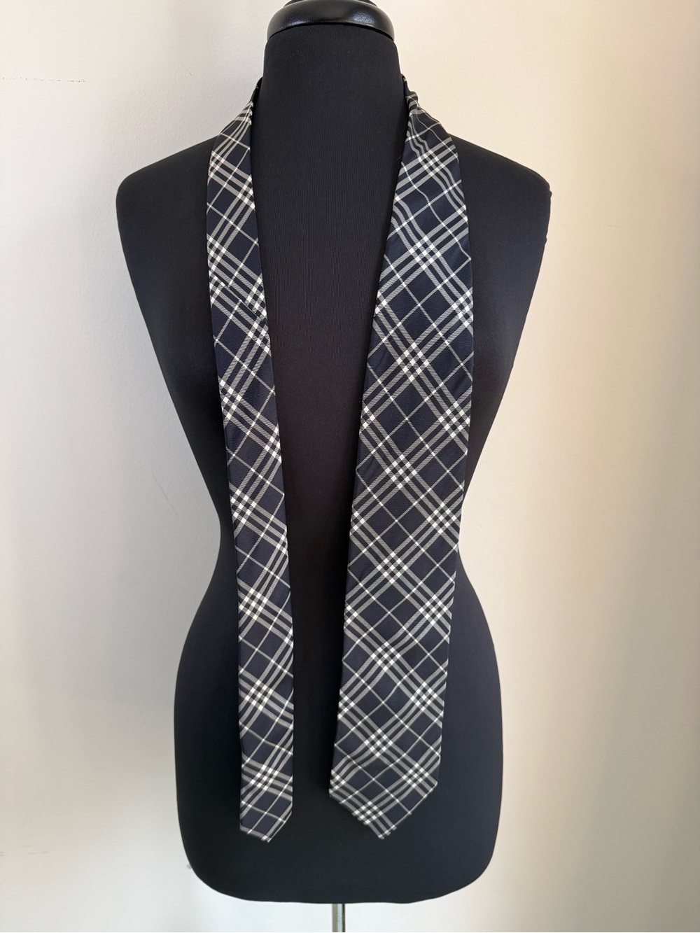 Burberry Black and White Plaid Silk Tie